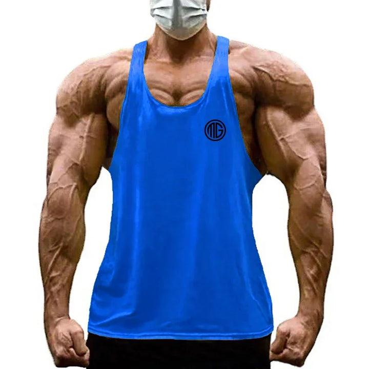 Men's blue cotton breathable bodybuilding tank top sleeveless stringer with small black logo