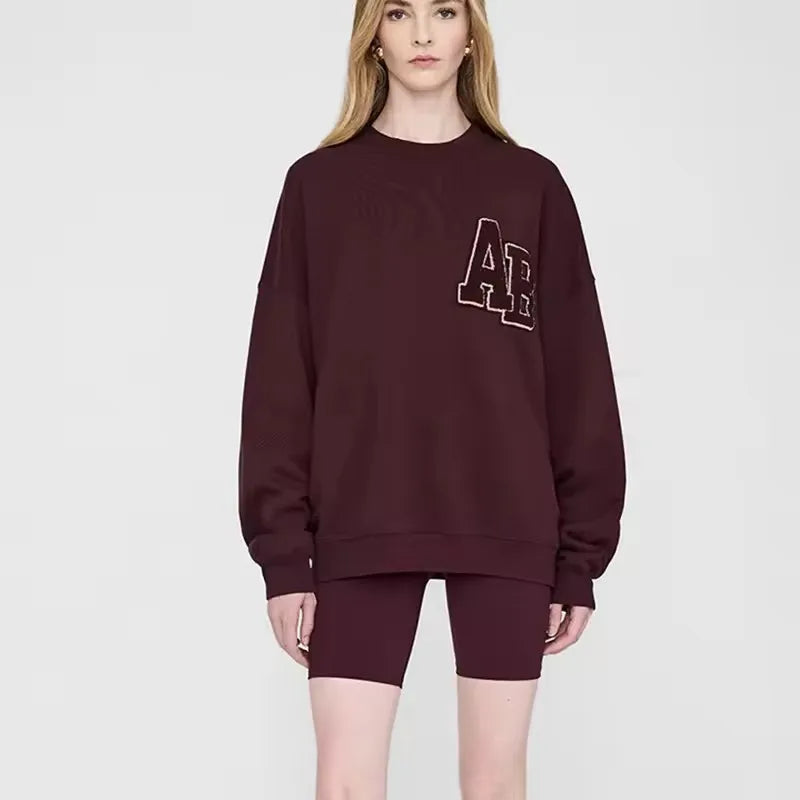 Autumn and Winter AB hand cranked special embroidery fleece loose women's round neck sweatshirt - ATFH
