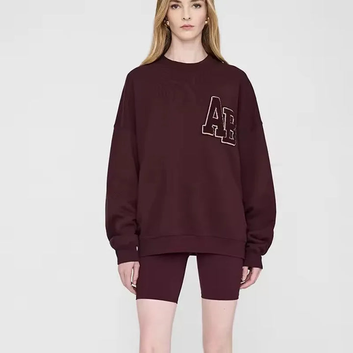 Autumn and Winter AB hand cranked special embroidery fleece loose women's round neck sweatshirt - ATFH