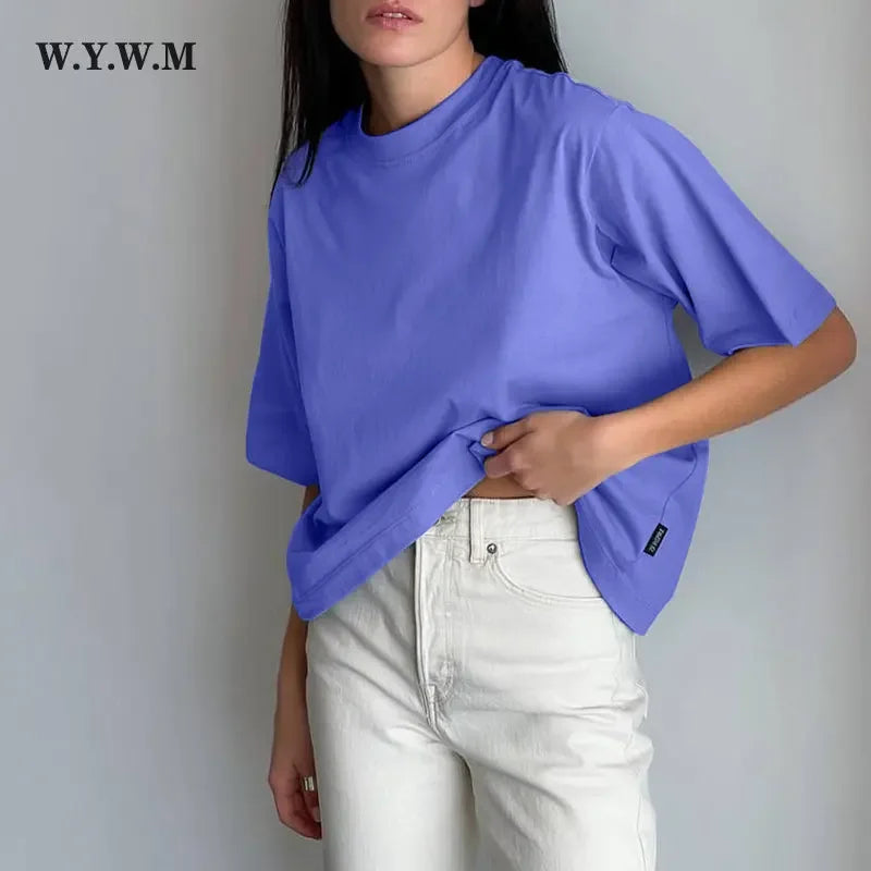 WYWM 100% Cotton Tshirts Women 2024 Summer Harajuku Solid Basic T Shirts Loose Casual O Neck Tees Green Soft Female Tops - ATFH