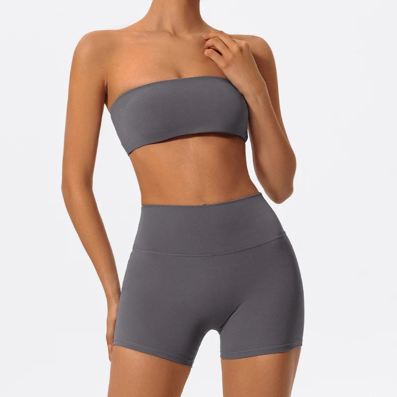 Summer Two Piece Fitness Sports Set Women Workout Yoga Outfit Strapless Bra Woman 2Ps Gym Crop Top Deportivos Mujer Gym Suits - ATFH
