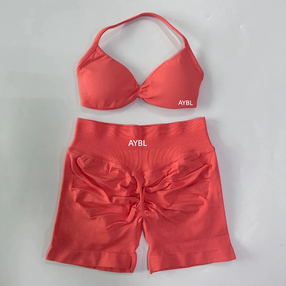 Trendy 2PCS Gym Set Women Strappy Yoga Bra Top High Waist Workout Scrunch Shorts Sports Suit Seamless Yoga Set Fitness Clothes Tahsi Fashion House