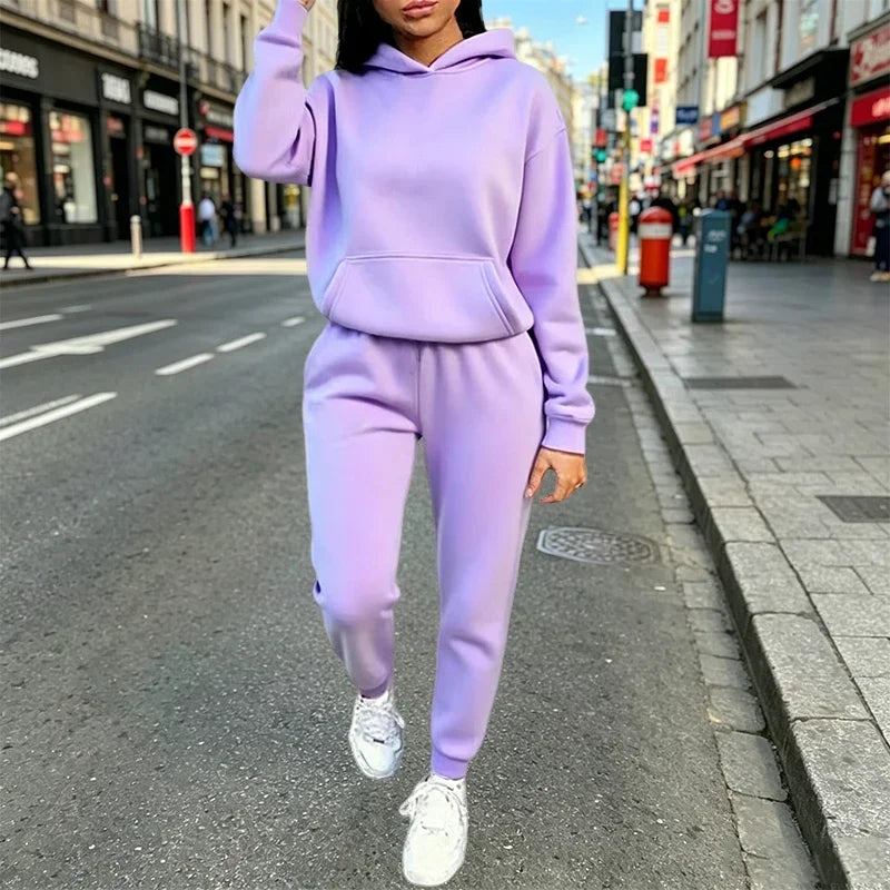 Women's Outfits Solid Color Casual Hooded Sweatshirt Sweatpants 2 Pcs Suit Sports Jogging Clothes Autumn Winter Woman Pants Sets