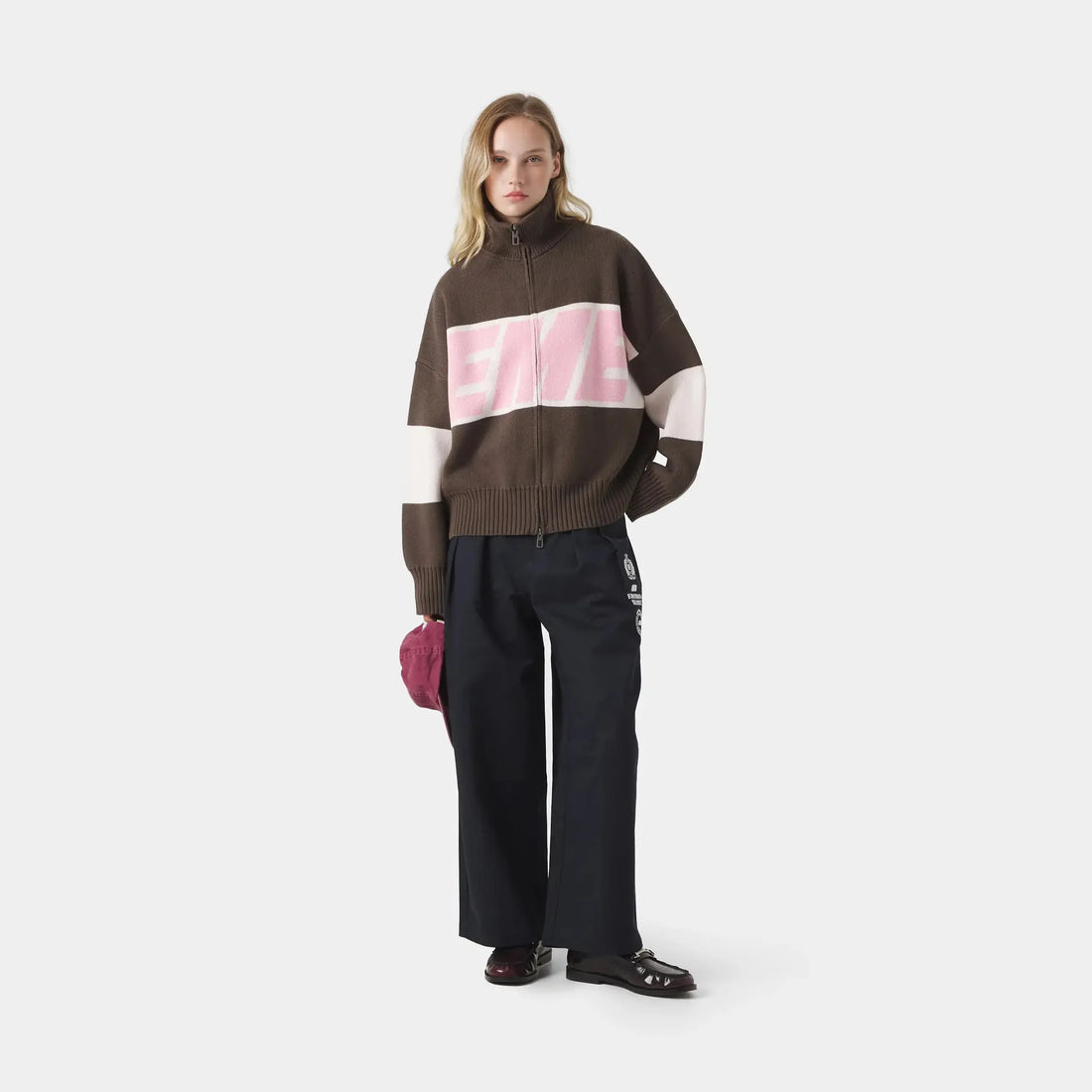 2026 Retro Spliced Zipper Knitted Sweater Women Fashion Stand Collar Long Sleeve Loose Short Cardigan Lady Y2k Letter Knitwear - ATFH