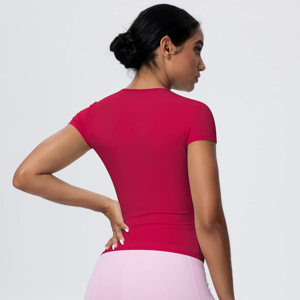 Woman Solid Color Workout Top T-Shirt Quick Drying Breathable Short Sleeve Gym Sports Running Slim Casual Yoga Top Clothing - ATFH