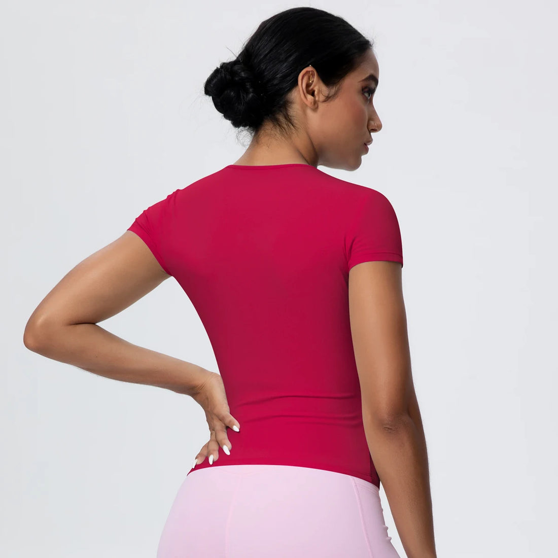Woman Solid Color Workout Top T-Shirt Quick Drying Breathable Short Sleeve Gym Sports Running Slim Casual Yoga Top Clothing - ATFH