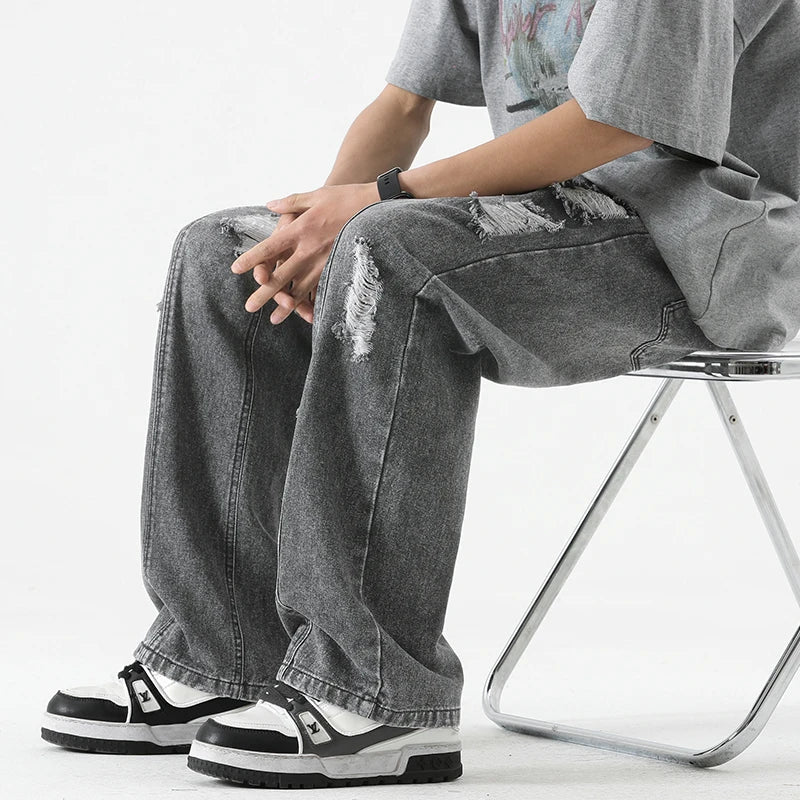 Men's Summer Ripped Jeans Loose Straight Leg Retro Men Draw Rope Port Fashion Brand All-match Casual Pants ATFH