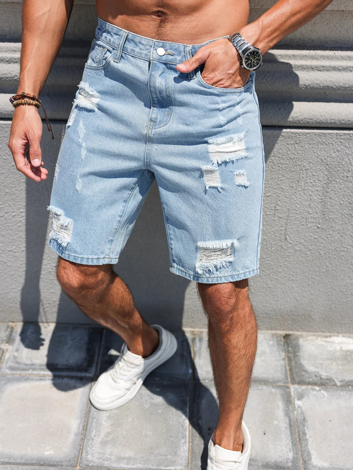 Hole-washed Water Buffalo Denim Short Pants - Men's Trendy Loose Straight Five-Piece Casual Shorts - Summer New Style ATFH