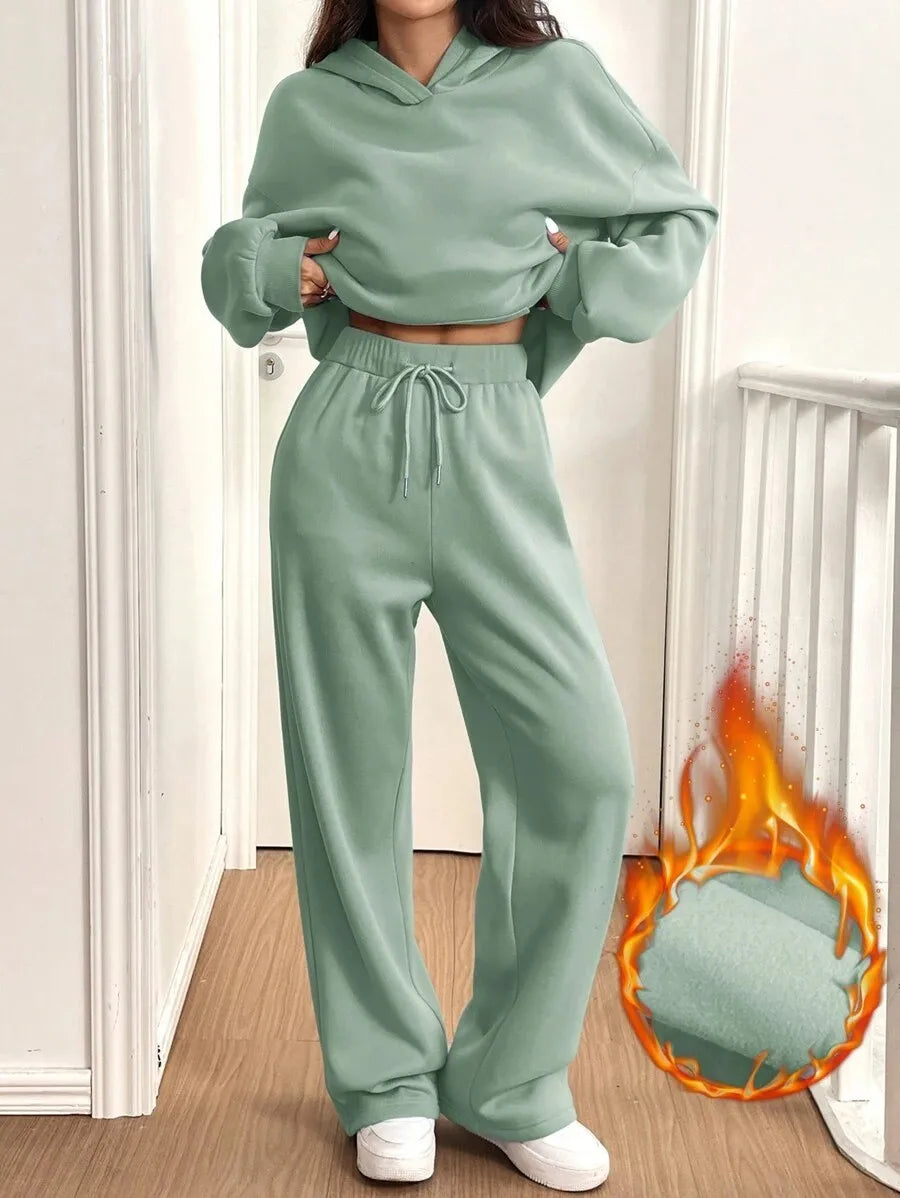 Autumn Winter Sports Suit Women Hooded Long-sleeved Pullover Sweatshirt Drawstring Sweatpants Conjunto Dos Piezas Mujer Invierno
