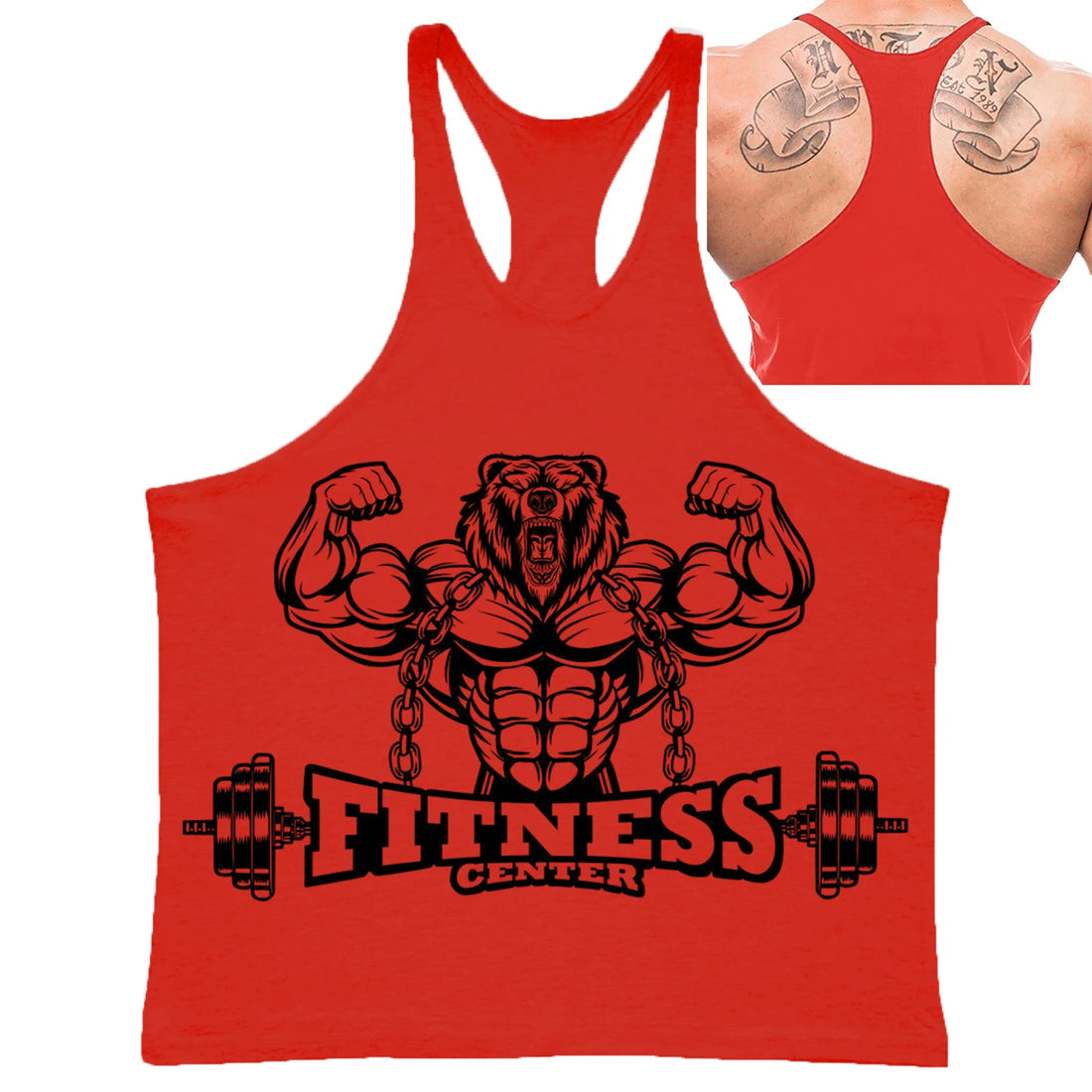 Men's Fitness Bear Graphic Stringer Tank Top, Bodybuilding Gym Vest, Summer Casual Street Fashion Sleeveless Shirt