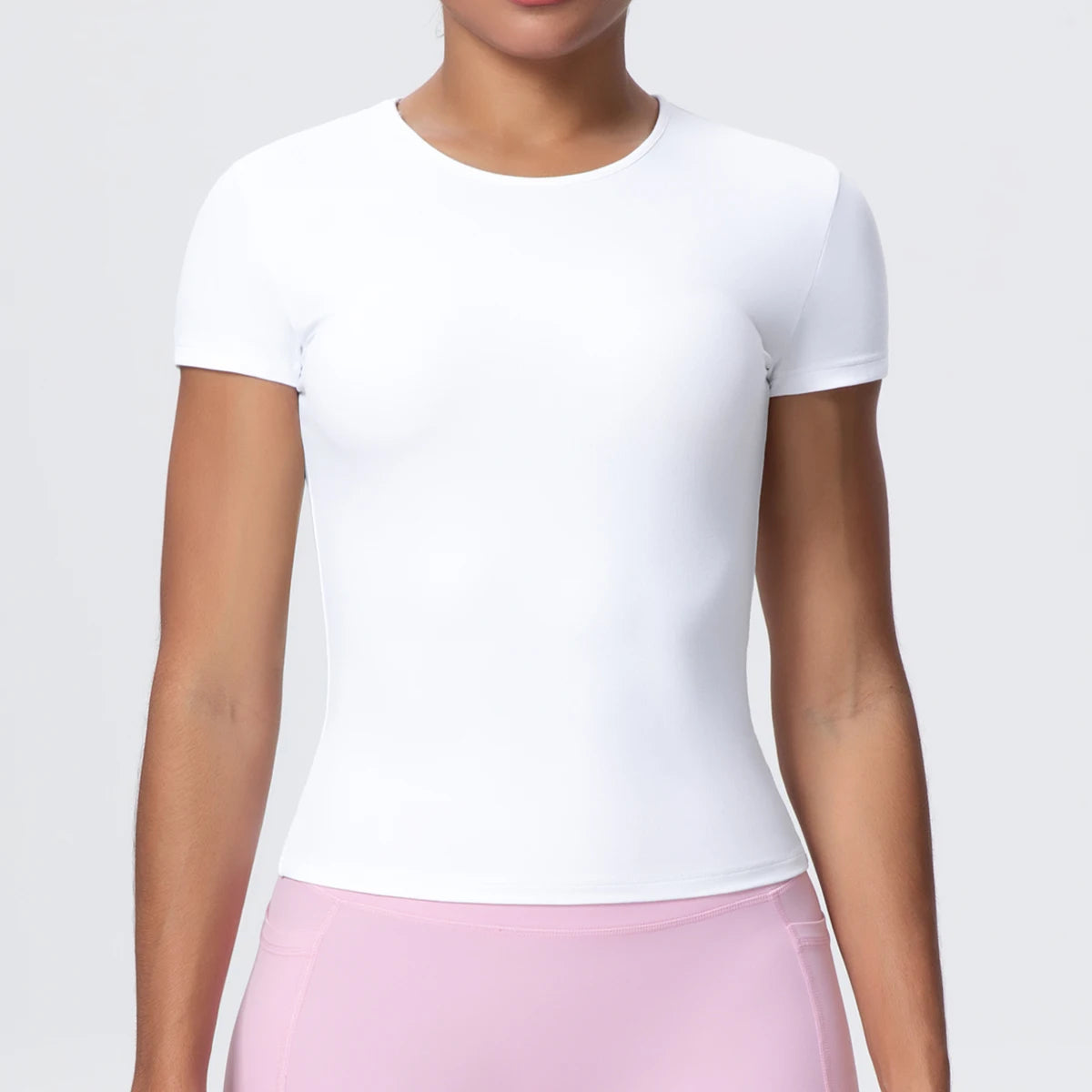 Woman Solid Color Workout Top T-Shirt Quick Drying Breathable Short Sleeve Gym Sports Running Slim Casual Yoga Top Clothing - ATFH