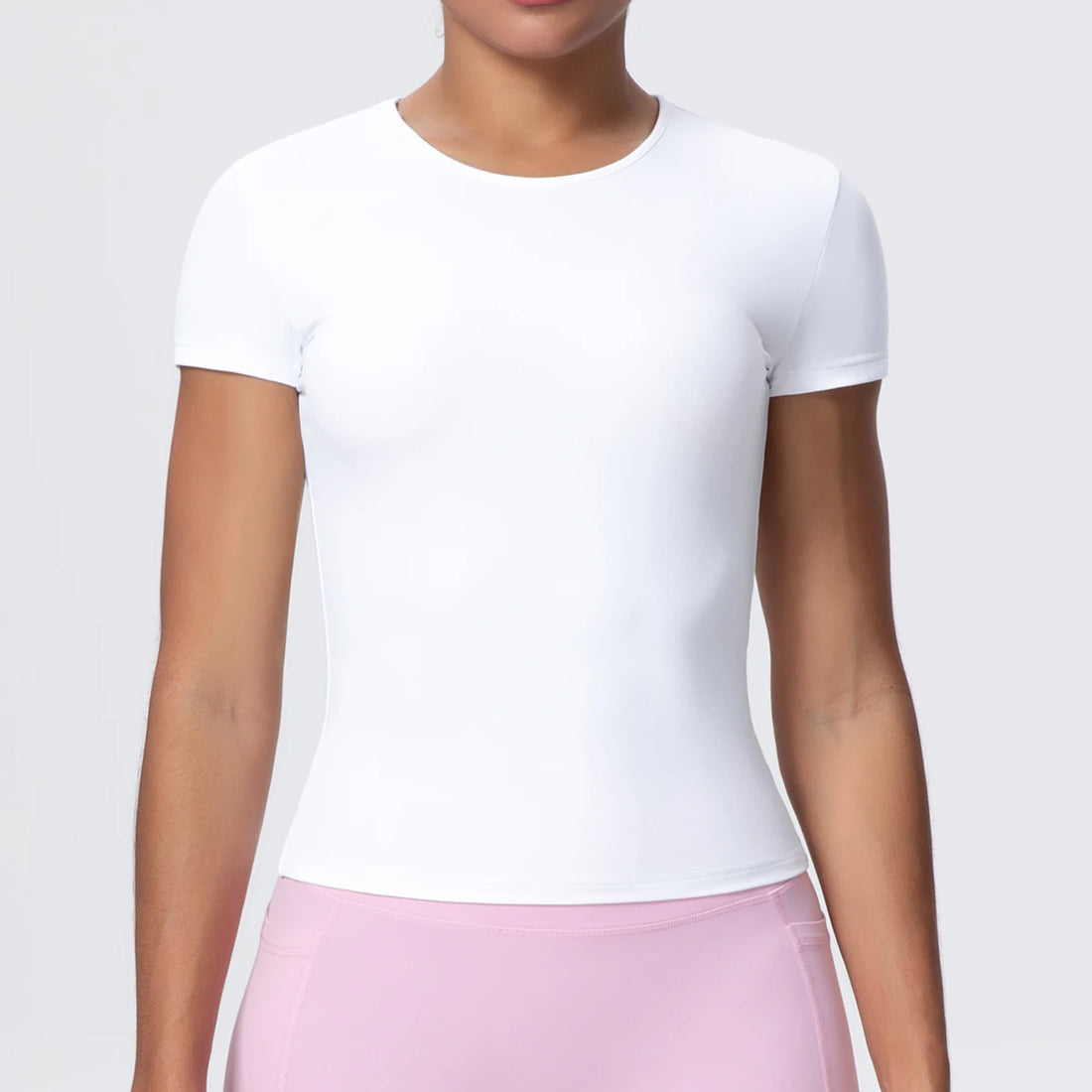 Woman Solid Color Workout Top T-Shirt Quick Drying Breathable Short Sleeve Gym Sports Running Slim Casual Yoga Top Clothing - ATFH