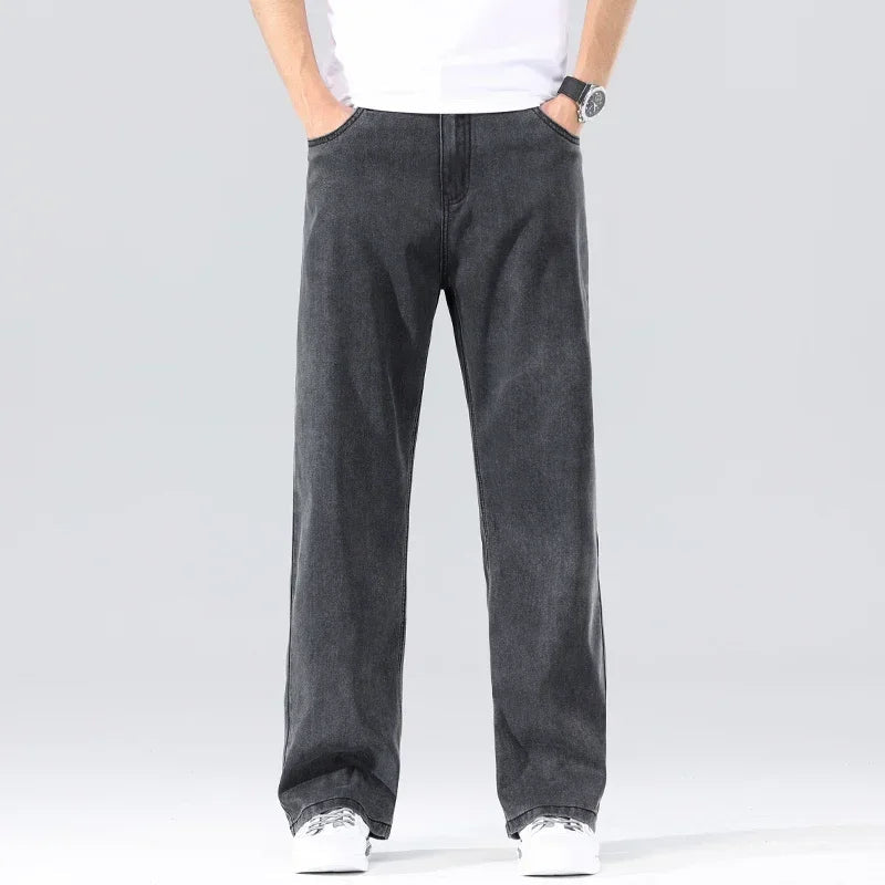 Men's Loose Jeans Summer Fashion Drape Soft Fabric Ultra Thin Pants Wide Legs Ice Silk Lyocell Business Straight Denim Trousers ATFH