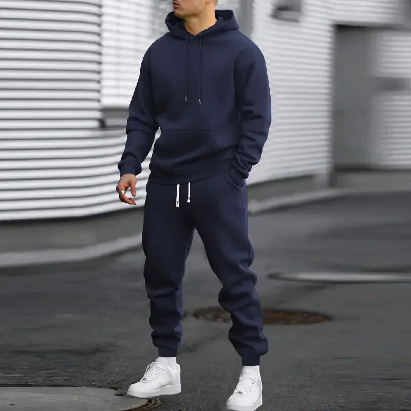 Spring and Autumn Set Men's Casual Sports Fashion Trend Comfortable Simple Running Set Solid Color Hoodie and Pants - ATFH
