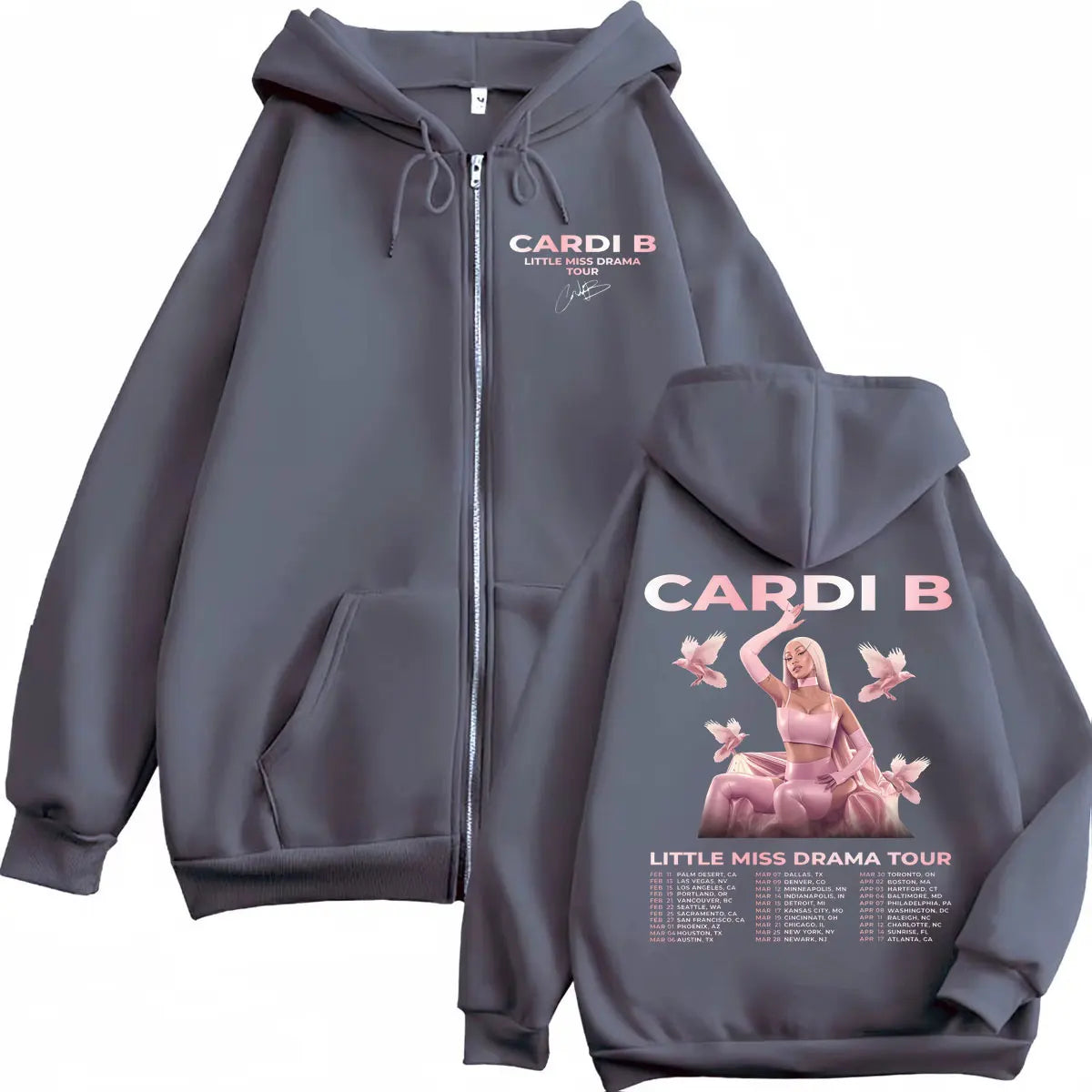 Rapper Cardi B Little Miss Drama Tour 2026 Zipper Hoodie Fashion Aesthetic Zip Up Sweatshirts Men Women Casual Loose Pullovers