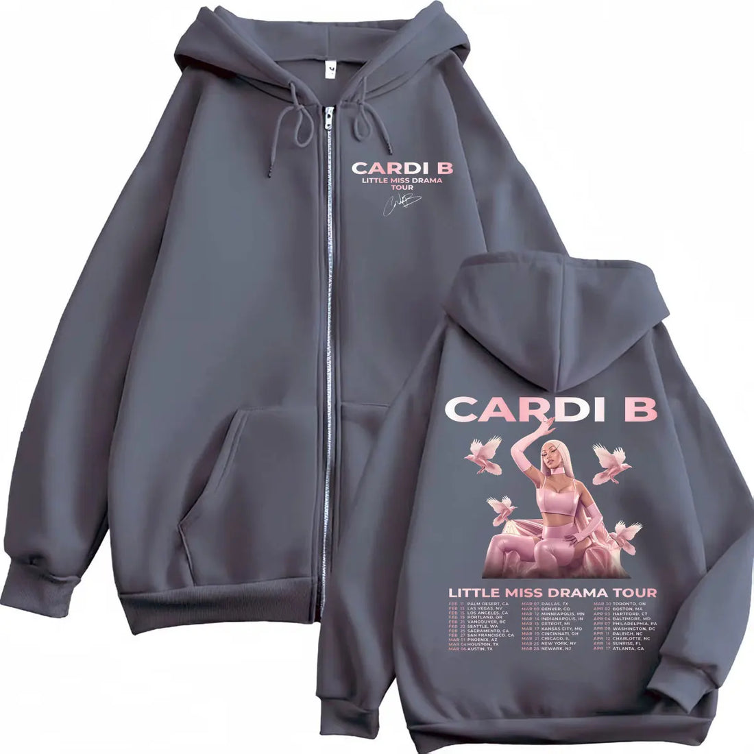 Rapper Cardi B Little Miss Drama Tour 2026 Zipper Hoodie Fashion Aesthetic Zip Up Sweatshirts Men Women Casual Loose Pullovers