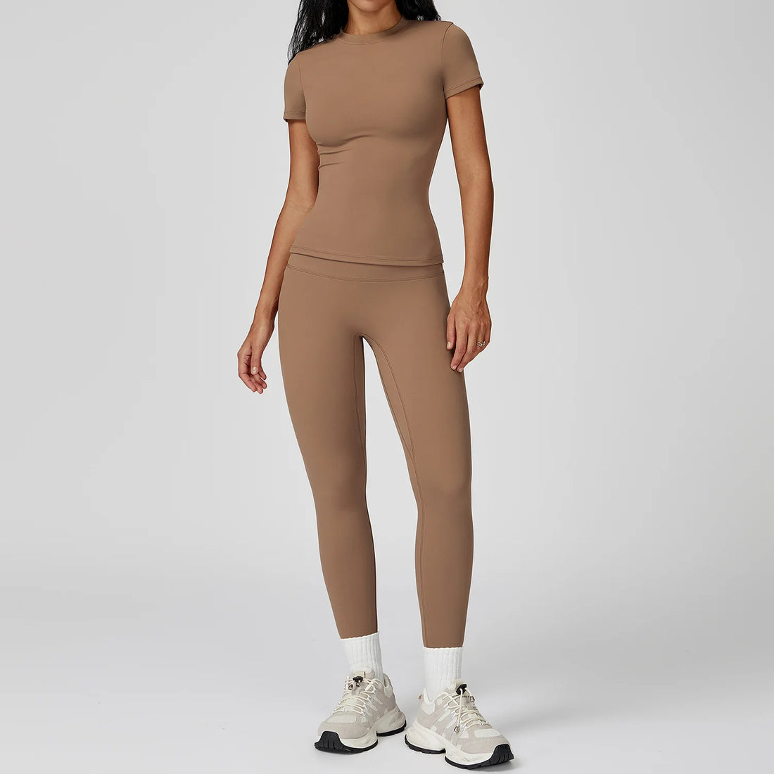 Women  Yoga Set 2PCS Workout Set Sportswear Gym Clothing Fitness Long Sleeve High Waist Leggings Cycling Shorts Sports Suits - ATFH