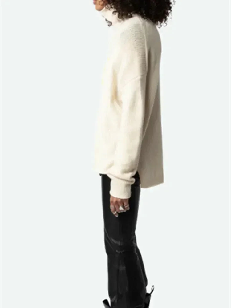 Women's Fashionable Versatile Letter High Neck Pullover Knitted Wool Sweater with Lazy Style Loose Top - ATFH