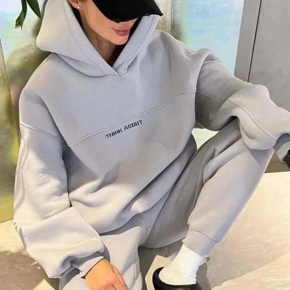 2026 Women's New Fashion Trend Solid Color Hooded Printed Sweatshirt Sports Casual Comfortable Loose Long-sleeved Women's Suit