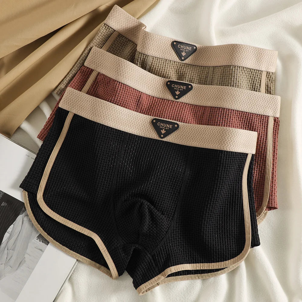 3PCS/Pack Fashion Ice Silk Knitted Plaid Boxers Breathable Comfort Mesh Crotch Underpants Super Soft High Elastic Men's Panties
