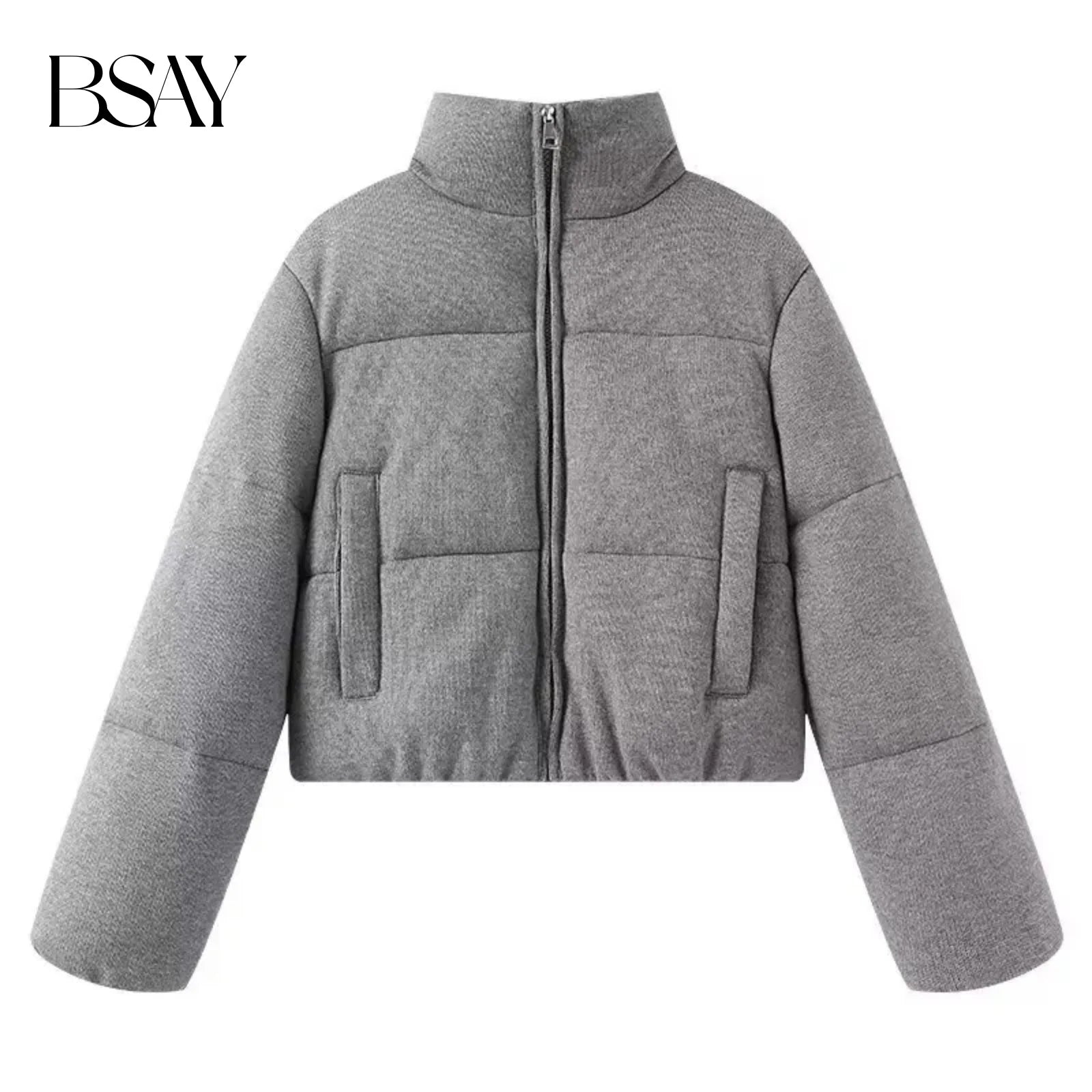 BSAY Knitted Cotton Jacket for Women Fashion Autumn Winter New Long Sleeved Stand Collar Zip Short Coats Chic Ladies Tops Mujer ATFH