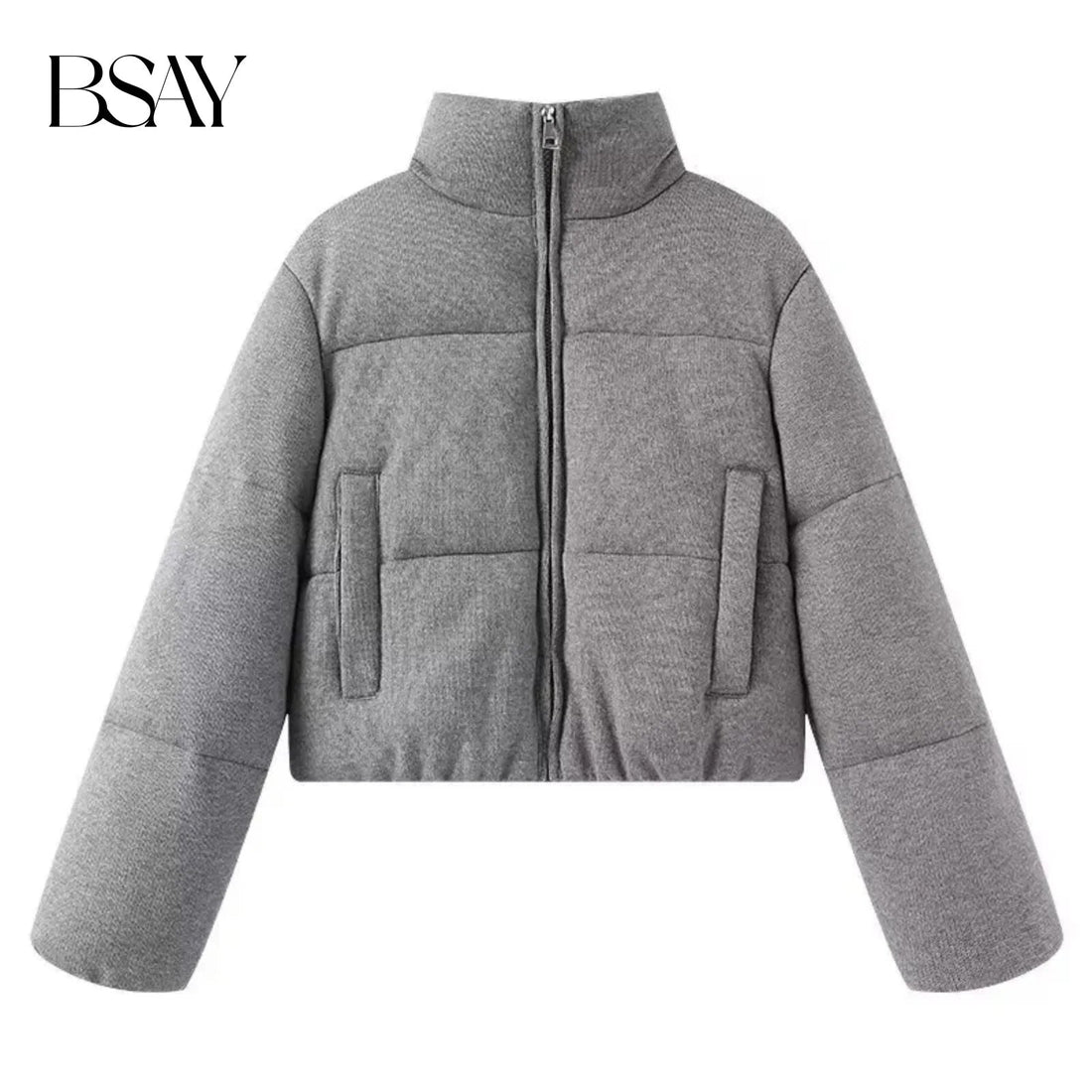 BSAY Knitted Cotton Jacket for Women Fashion Autumn Winter New Long Sleeved Stand Collar Zip Short Coats Chic Ladies Tops Mujer ATFH