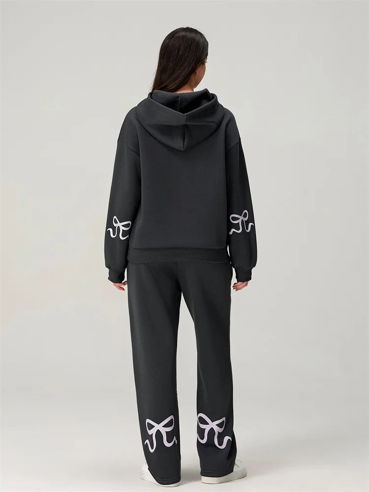 Women's Casual 2 Piece Outfits Long Sleeve Bow Print Hooded Tops Sweatshirts Wide Leg Pants Sets Tracksuits