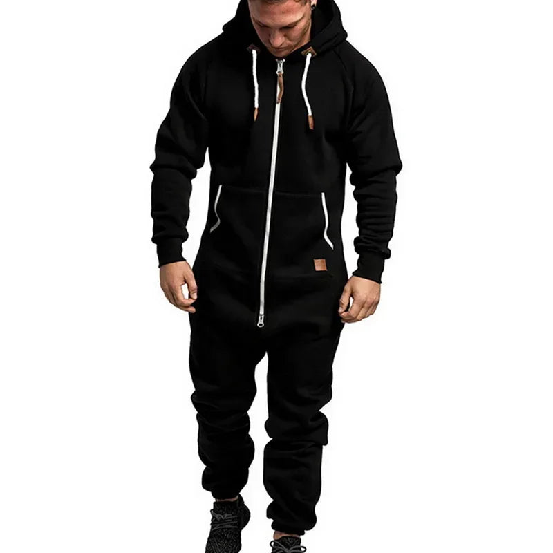 New Custom Design Jumpsuit Pajamas Long-sleeved sports pants solid color splicing casual sweater men's zipper hoodie - ATFH