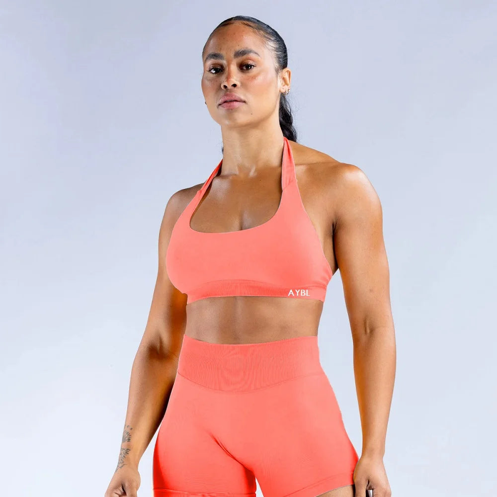 Impact Sports Bra Women Seamless Yoga Underwear Halter Neck Strap Open Back Design Gym Top Workout Fitness Running Bra - ATFH