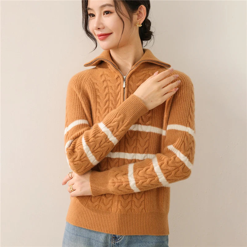 Autumn and winter new 100% pure wool high neck sweater women's casual knitted cashmere pullover loose hot selling women's top - ATFH