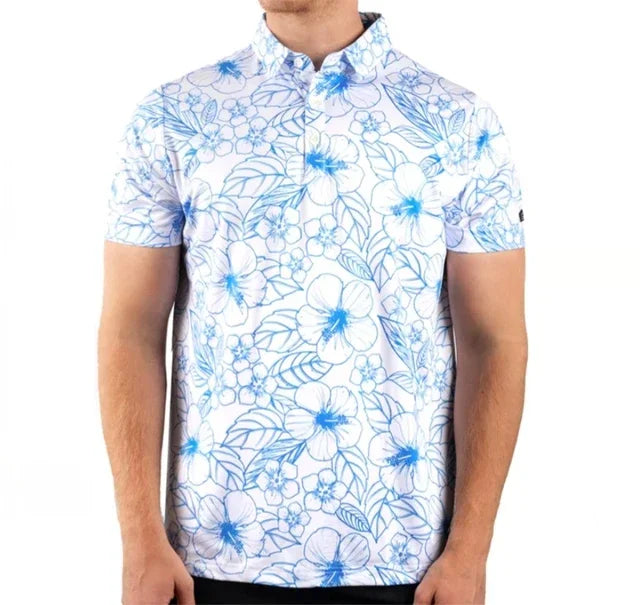 Summer Printed Floral Casual Golf T-shirt Men Outdoor Short Sleeve Quick Dry Breathable Clothing Lapel F4 Racing Polo T-shirt