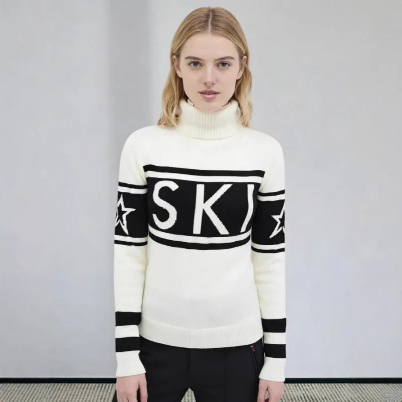 Top Sweater Women's High Neck Letter Print Color Block Slim Fit Knit Long Sleeve Pullover Comfortable Casual Fashionable Niche - ATFH