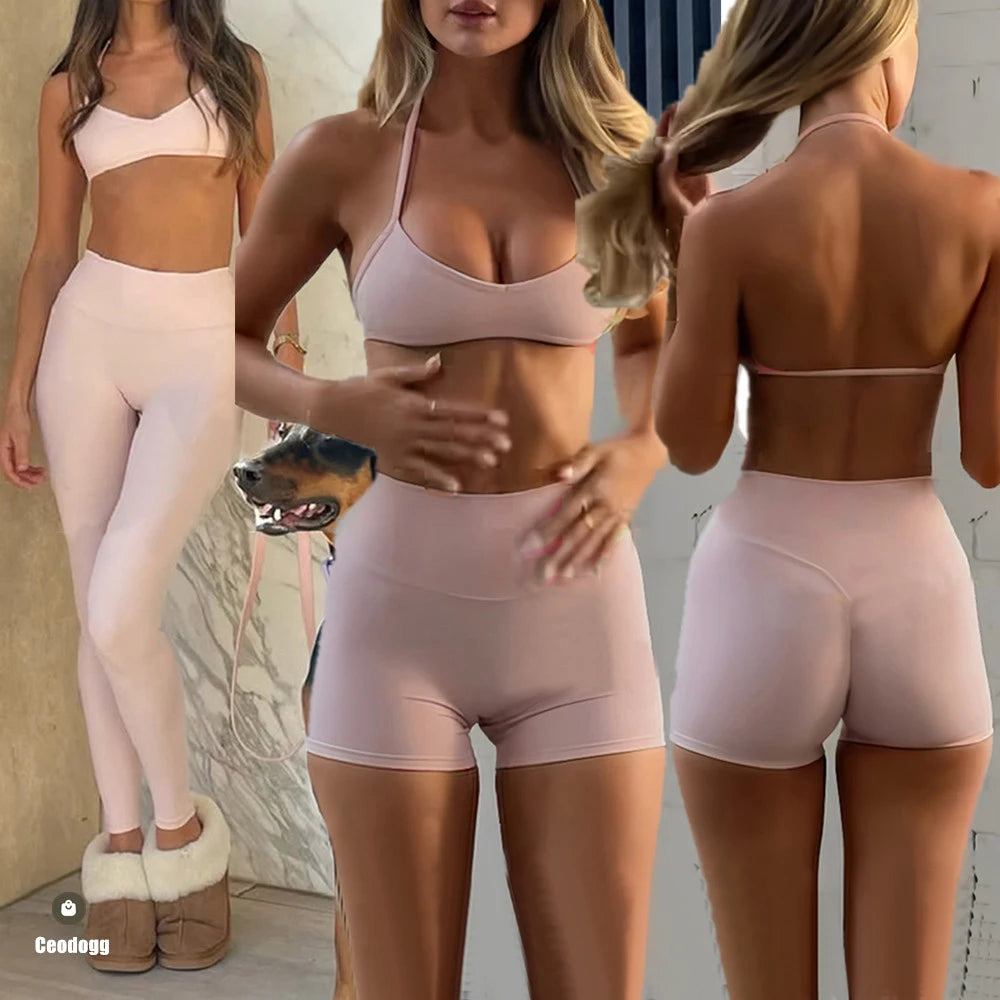 2PCS Pad Halter Bra Women Stretchy Squat Proof Shorts Yoga Set Summer Outdoor Mountain Running Exercise Yoga Set XP37 - ATFH