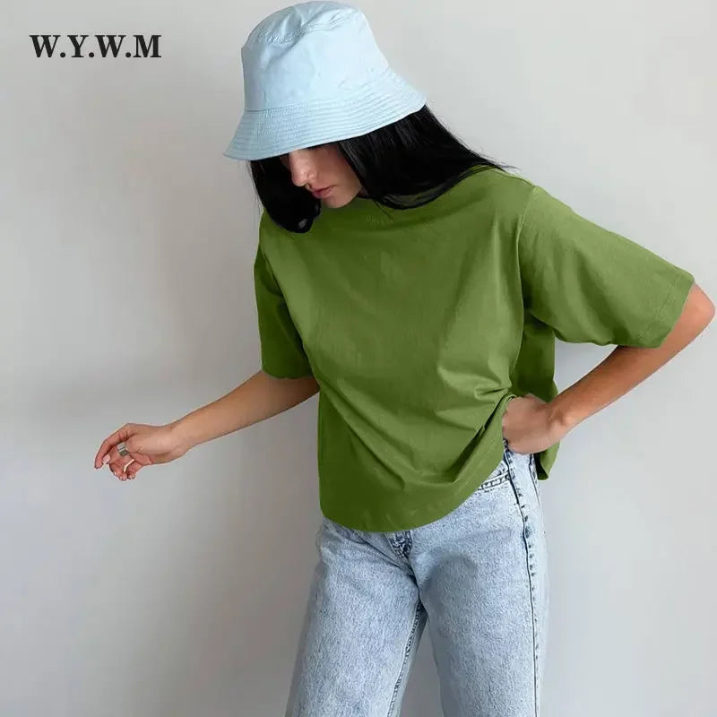 WYWM 100% Cotton Tshirts Women 2024 Summer Harajuku Solid Basic T Shirts Loose Casual O Neck Tees Green Soft Female Tops - ATFH