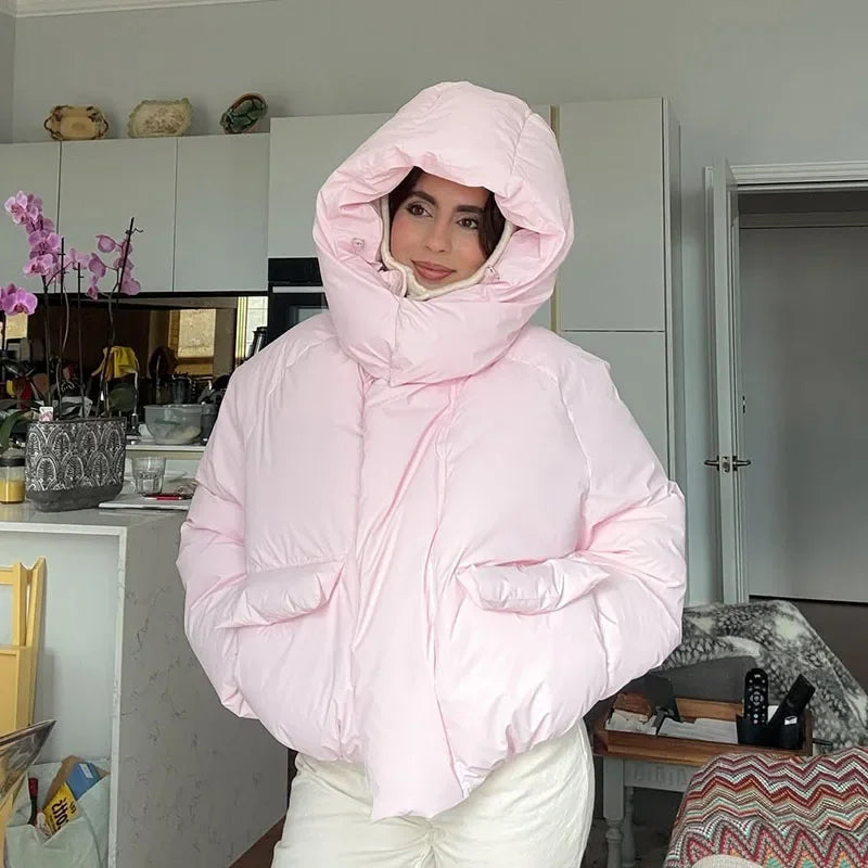 Stylish Hooded Cotton-padded Coat Women Solid Cropped Zipper Pocket Thick Cotton Coats Lady 2025 Winter Casual Female Outerwears ATFH