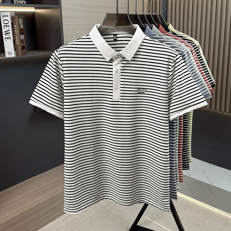 High end brand embossed short sleeve polo shirt fashion striped men's new casual summer breathable comfort luxuriuos T-shirt