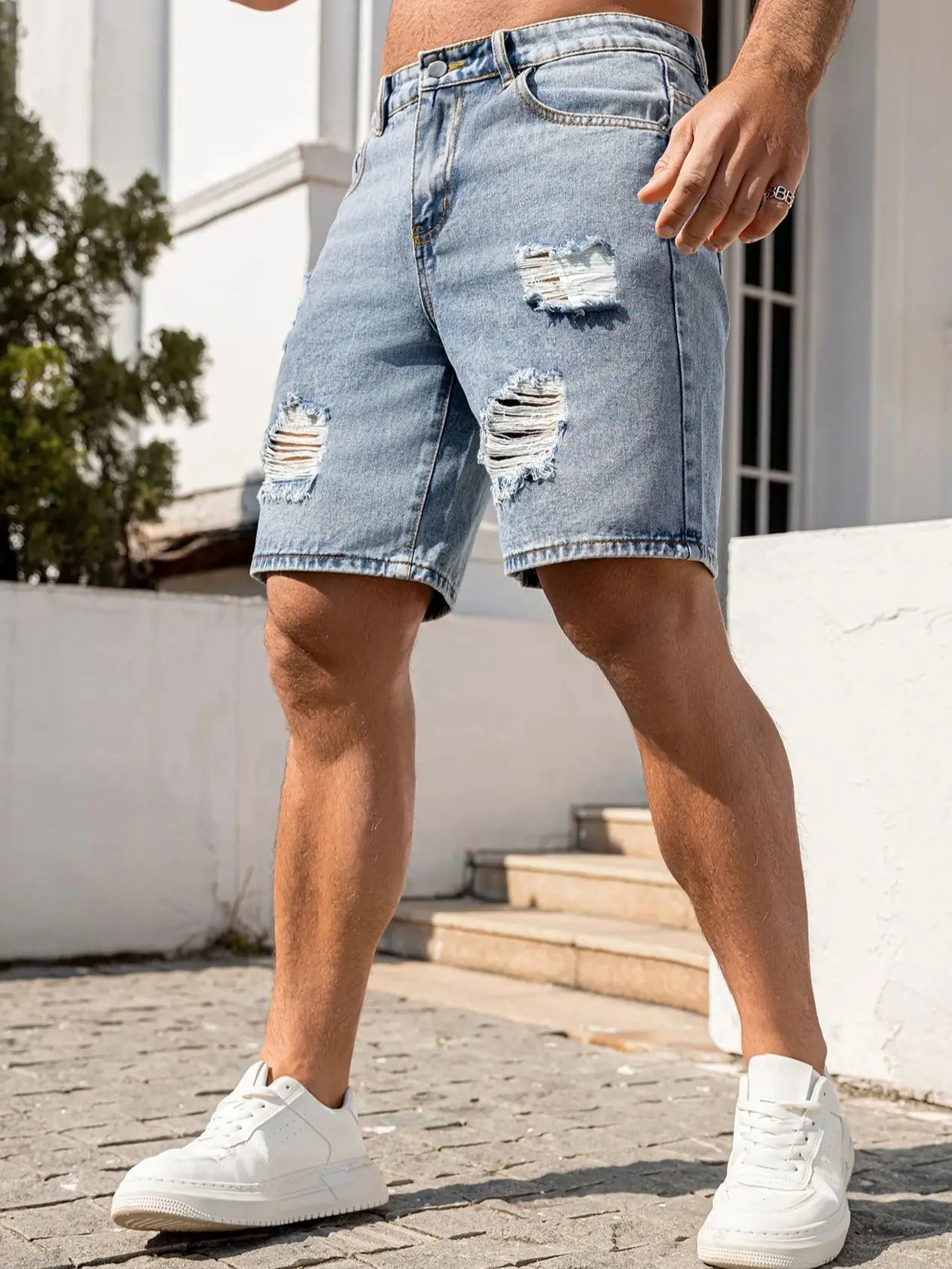 2026 Men's Summer Loose Fit Blue Distressed Denim Shorts All Occasion Wear Casual/Party/Vacation Versatile Trendy Men's Pants Ripped Jeans Size XS-XL ATFH