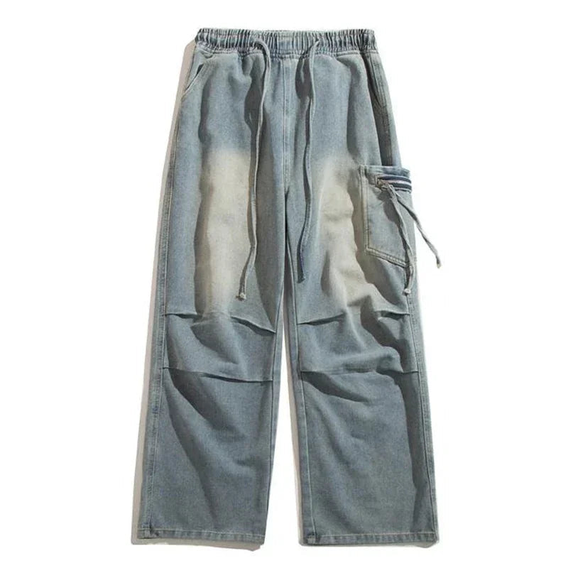 Autumn High Street Pleated Cargo Jeans For Men Pocket Straight Wide-leg Denim Pantalones Hombre Hip Hop Fashion Y2K Baggy Jean ATFH