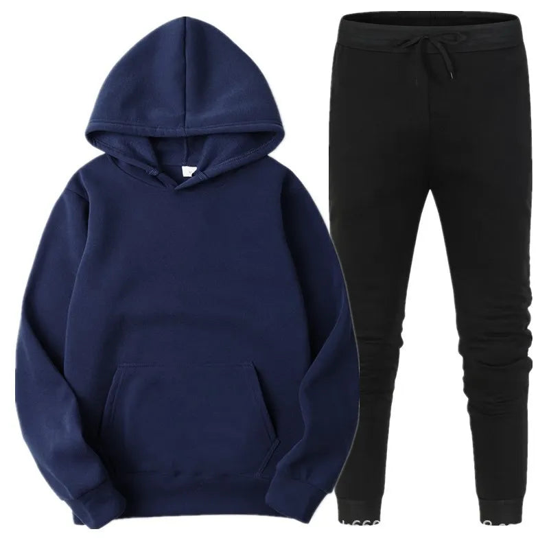 Autumn/Winter New Men's Solid Color Hoodie+Sports Pants Two Piece Outdoor Casual Fashion Loose Large Sports Set - ATFH