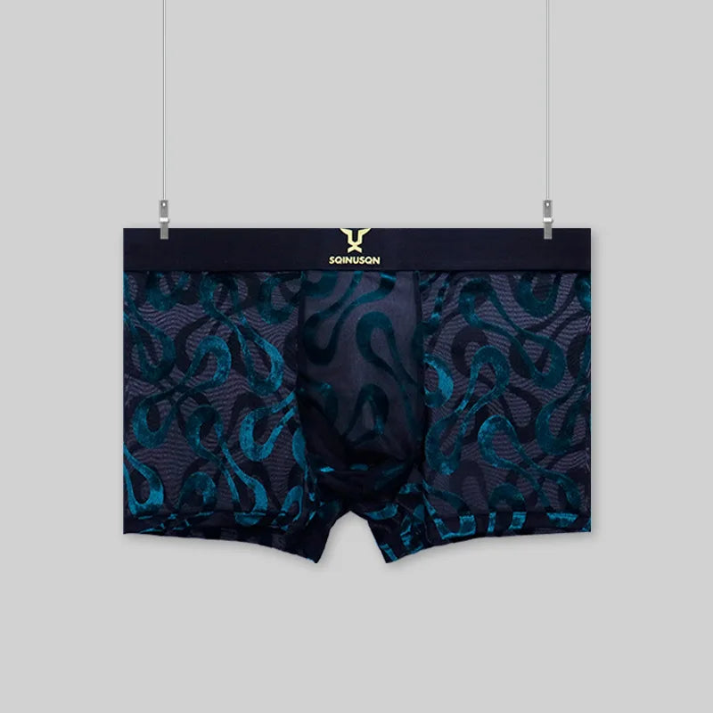 Luxury Men's Sheer Mesh Boxer Briefs Sexy Velvet Flocked Print Underwear Wide Elastic Waistband Breathable 3D Contour Pouch No R