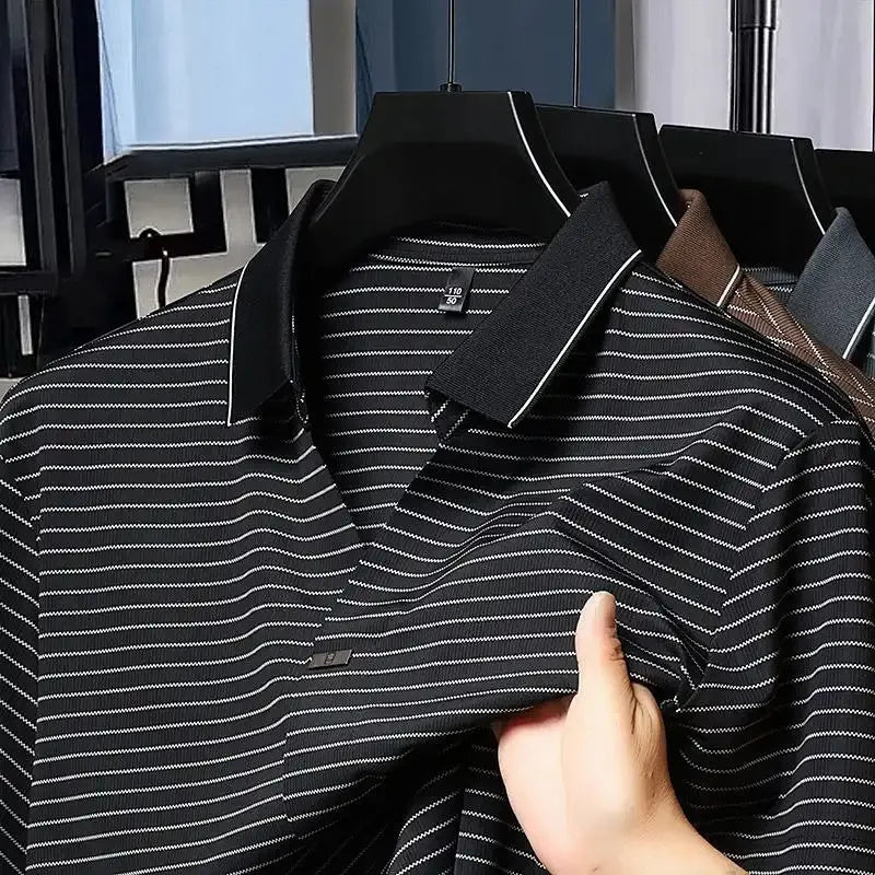 Ice Silk Short-sleeved Striped Men's T-shirt Summer New Lapel POLO Shirt Casual Fashion Top