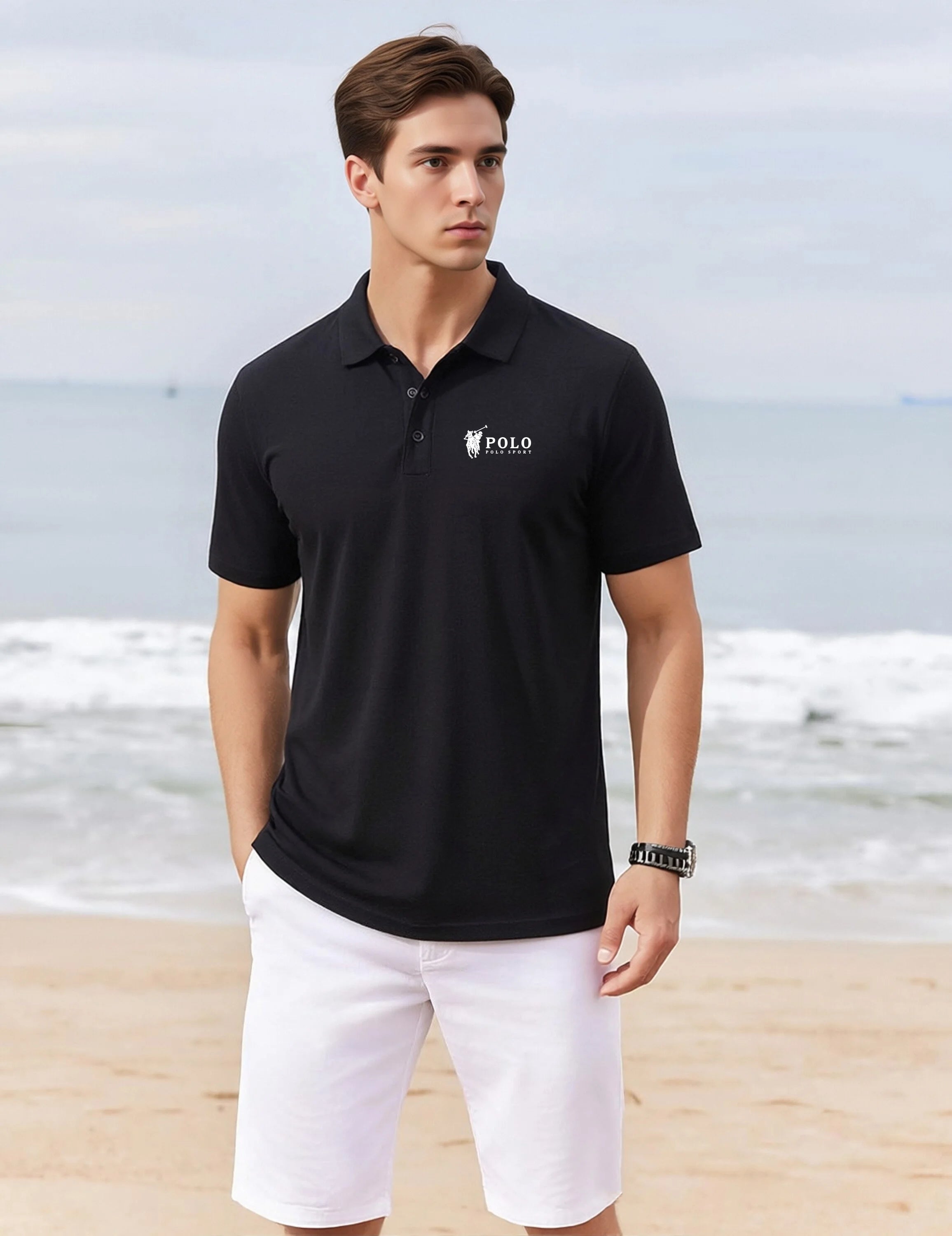 Men's summer high-quality short sleeved polo shirt button letter printed T-shirt for business and casual men's wear