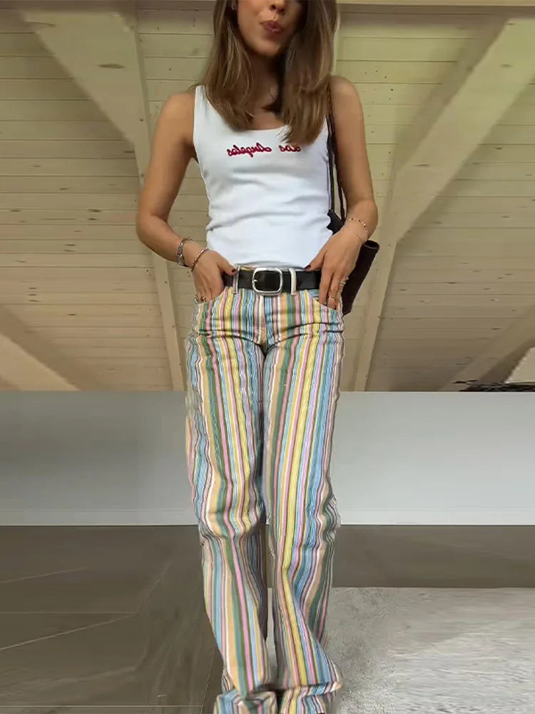 Colorful Striped Jeans Women's Low-Waist Pockets Wide-Leg Trousers 2026 Street Retro Multicolor Vertical Stripe Denim Pants ATFH