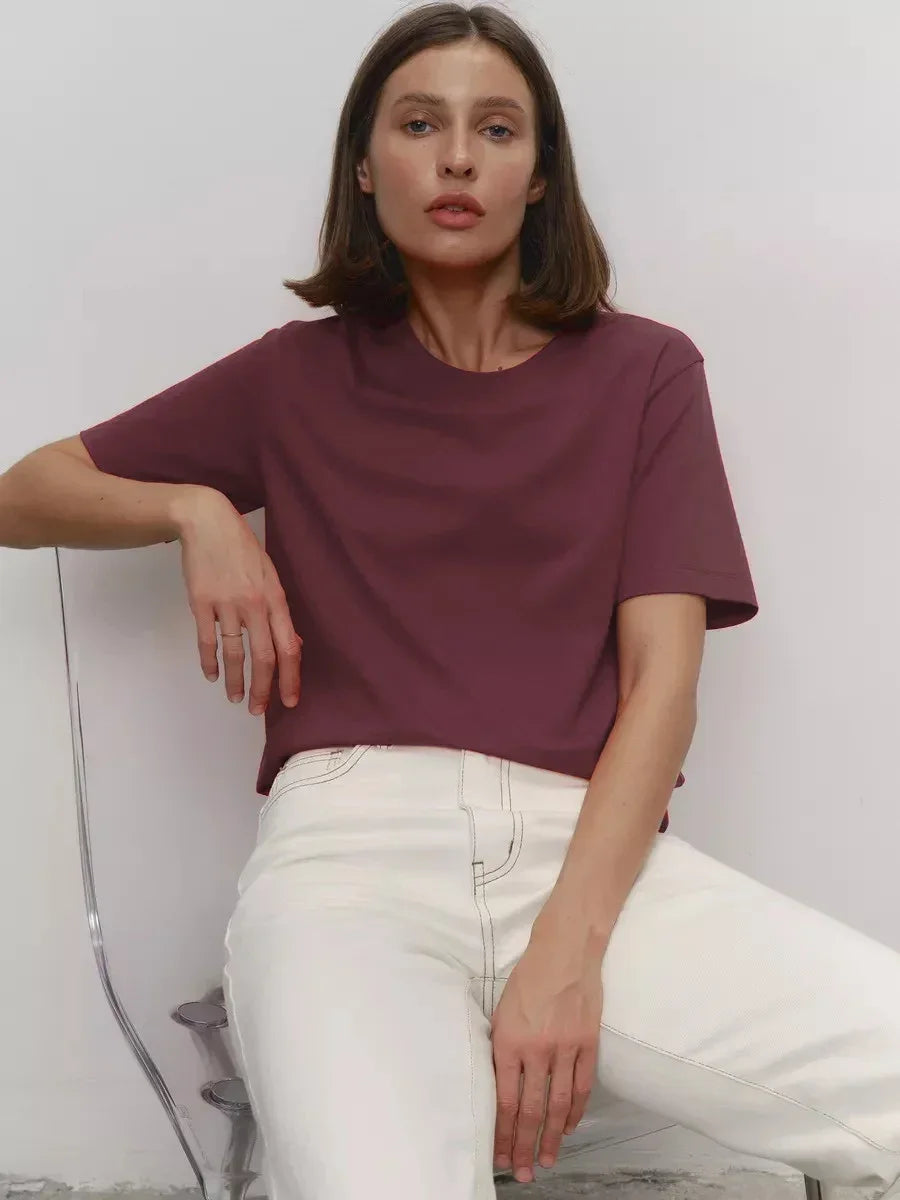 Sumuyoo Summer 100% Cotton Women's T-shirt Bottoming Basic Fashionable Lady Short Sleeve Loose Tops Shirts Solid 230g/㎡ Tops - ATFH