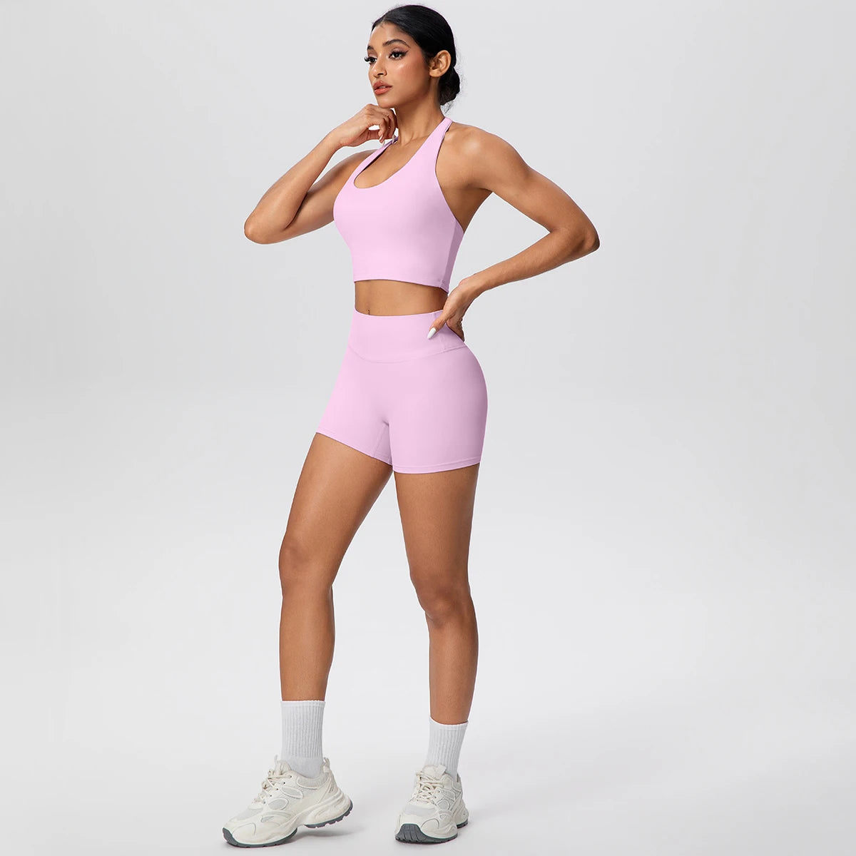 2picese Women Yoga Suit Solid Color High Waist Hip Push Up Fitness Shorts Sexy Pilates Backless Gym Hanging Neck Bra Yoga Set