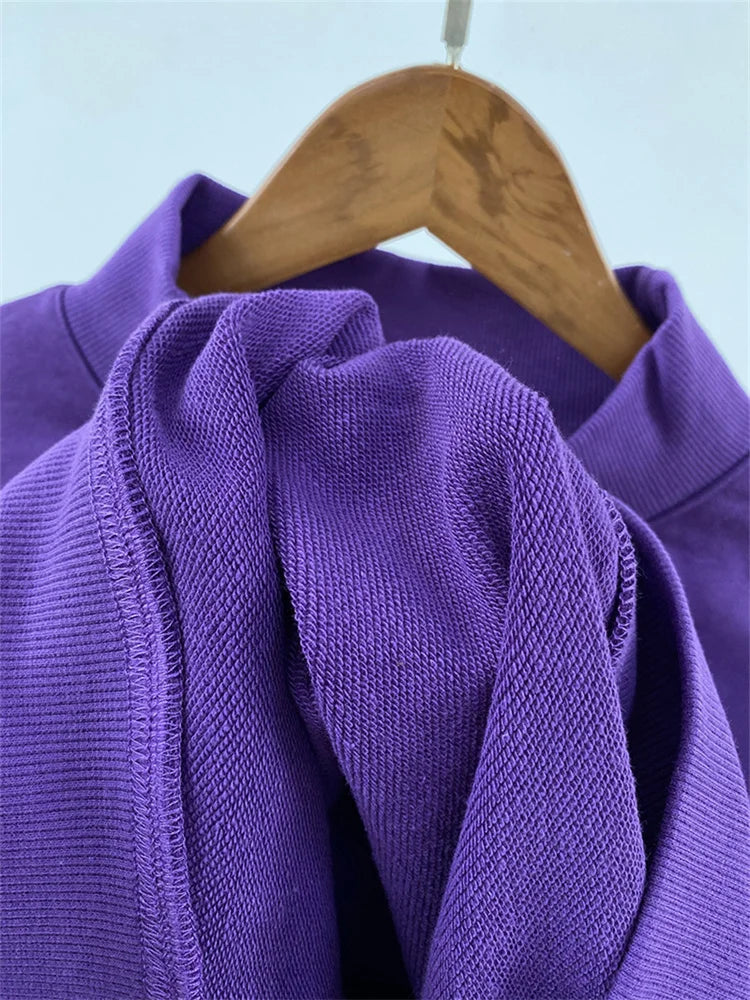 Women Letter Embroidery Purple Sweatshirt Stand Collar Ladies Long Sleeve Casual Loose Cotton Sports Pullover Tops - ATFH