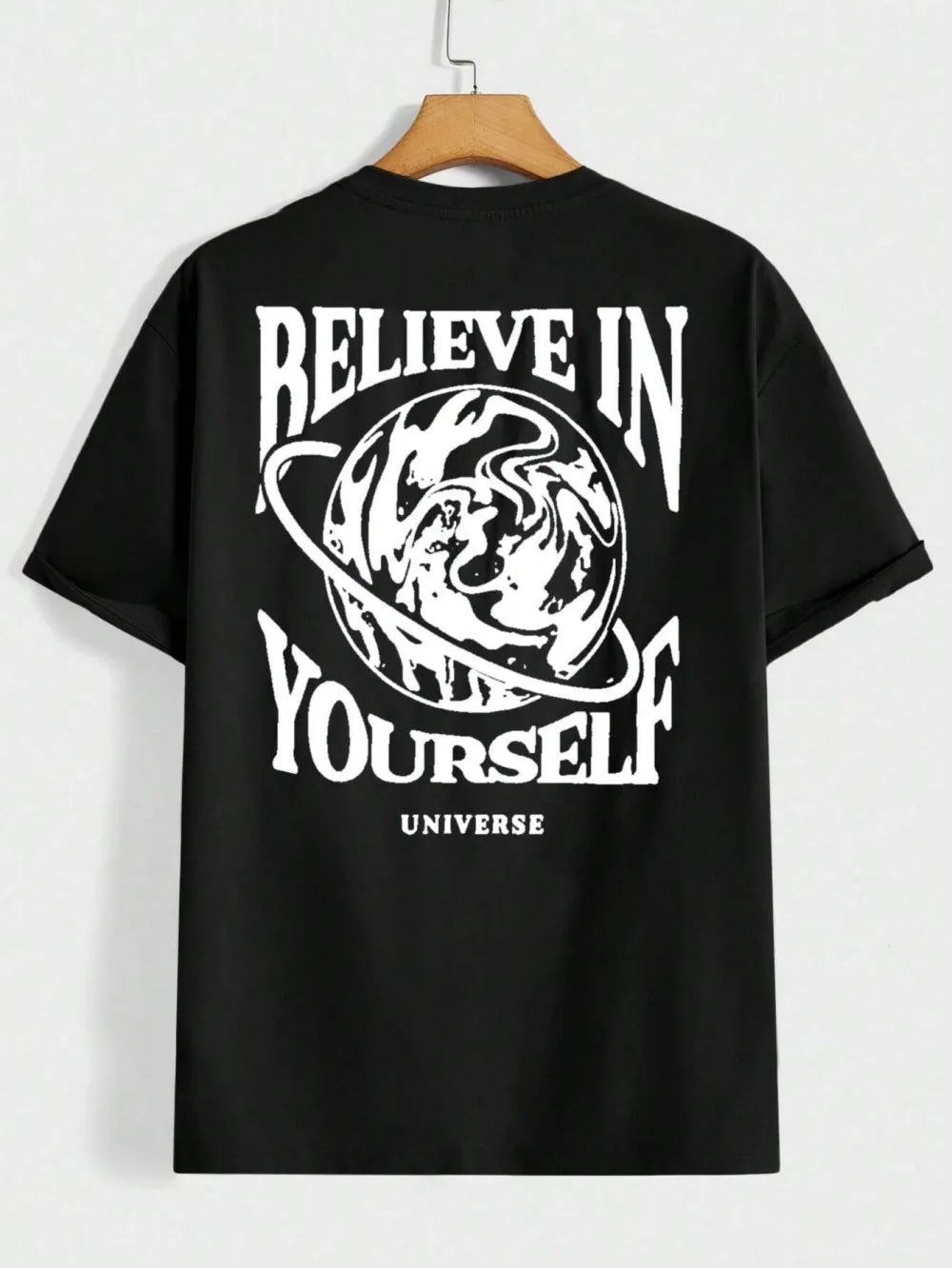 Handsome men's summer planet and letter print soft and breathable round neck T-shirt outdoor urban high street top ATFH