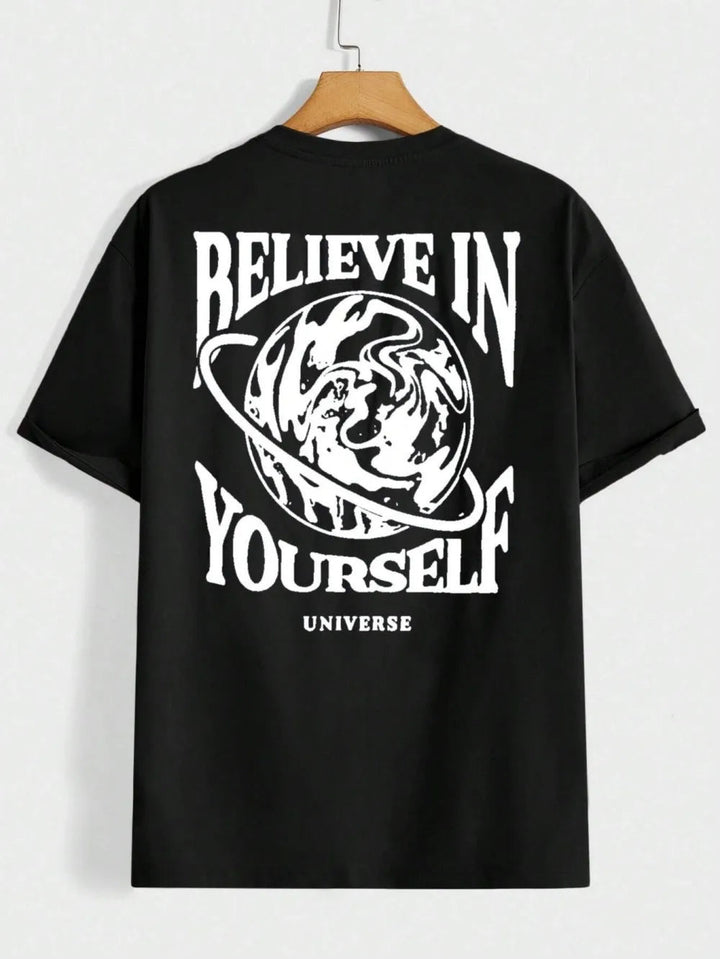 Handsome men's summer planet and letter print soft and breathable round neck T-shirt outdoor urban high street top ATFH