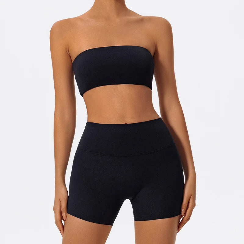 Summer Two Piece Fitness Sports Set Women Workout Yoga Outfit Strapless Bra Woman 2Ps Gym Crop Top Deportivos Mujer Gym Suits - ATFH
