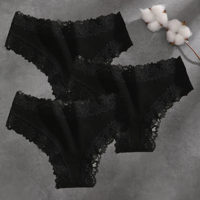 3Pcs Cotton Lace Patchwork Bikini Panties Women Seamless Floral Print Brazilian Pants Low Waist Breathable Female Sexy Lingerie